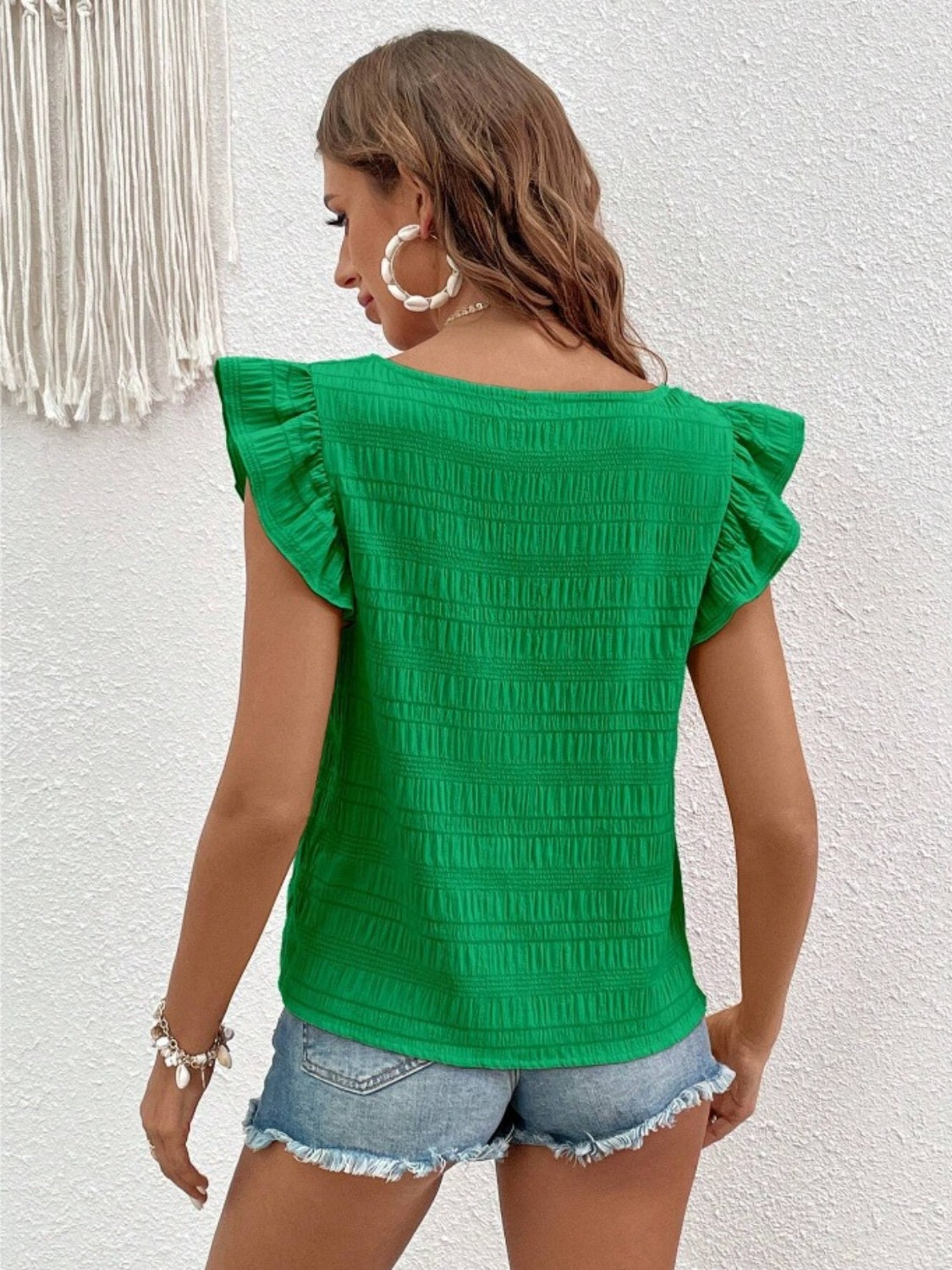 Ruffled Blouse with Square Neck & Cap Sleeve