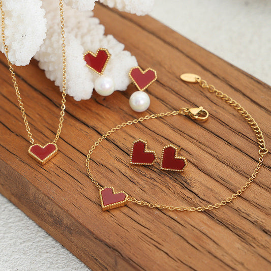 Red Mother of Pearl Heart Jewelry Gold Overlay Matching Set-Bracelet, Earrings, Necklace.