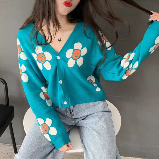 Sweeten Your Day Smiley Face Flower Knit Cardigan