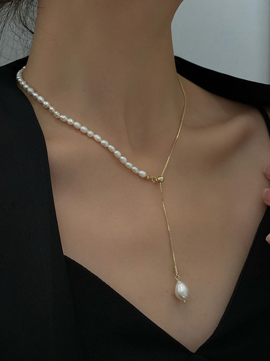 Unique Freshwater Pearl Adjustable Pull Drop Necklace.