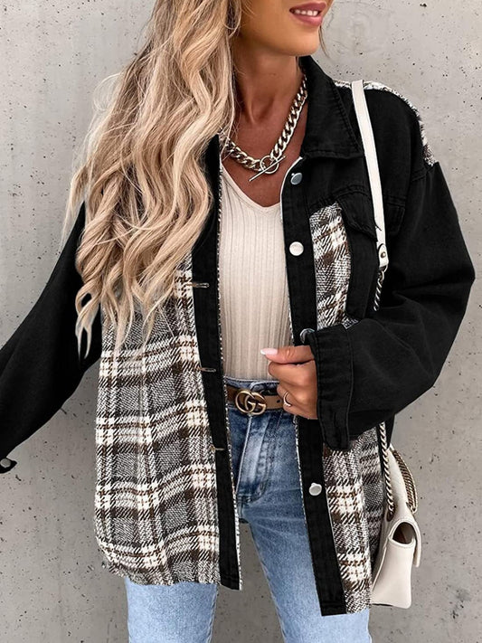 Black White Plaid Button Up Dropped Shoulder Denim Jacket