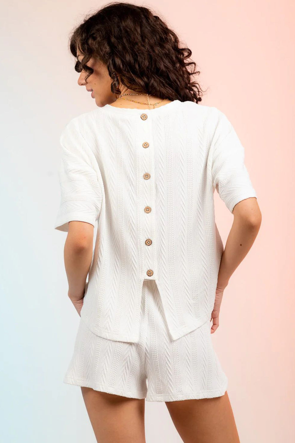 Buttoned Textured Round Neck Top and Shorts Set