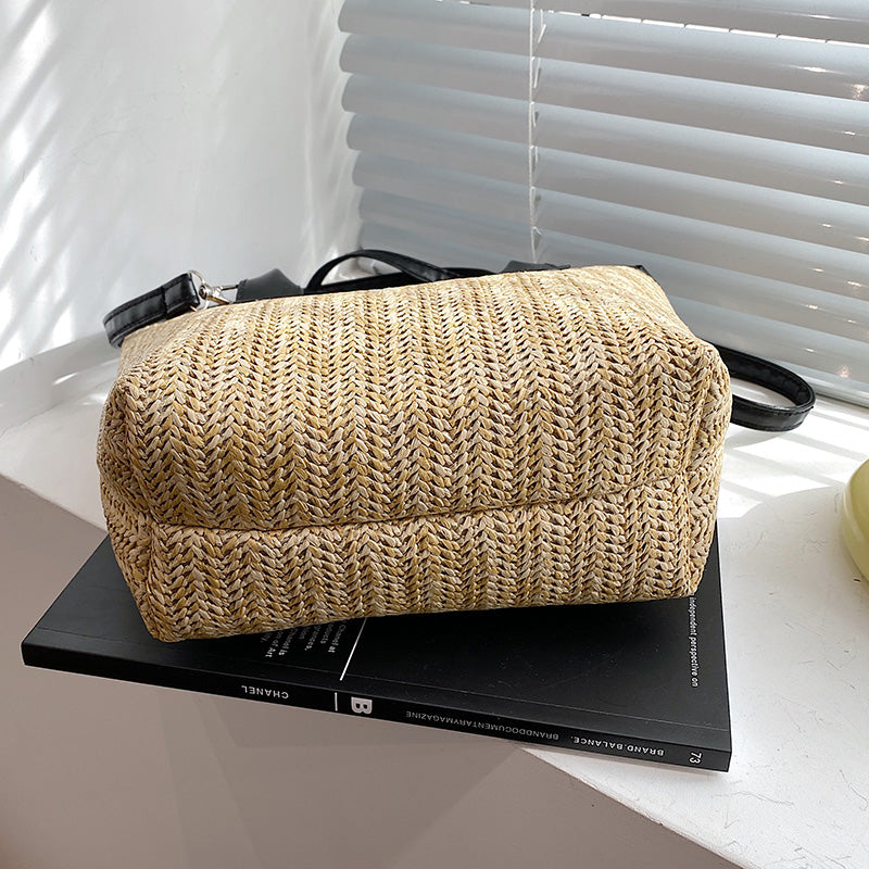Large Capacity Straw Tote Bag with Shoulder Strap.