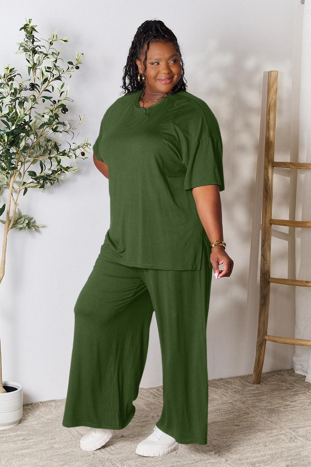 Trendy Duo Full Size Round Neck Slit Top and Pants Set
