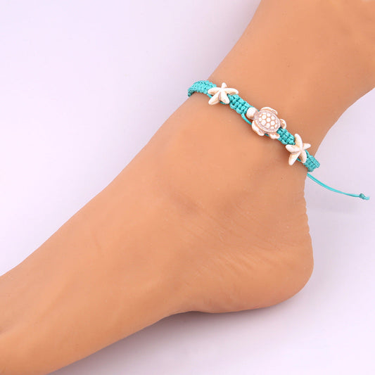 Turtle Star Turquoise Hand-Woven Resin Beats Anklet - Adjustable Size.