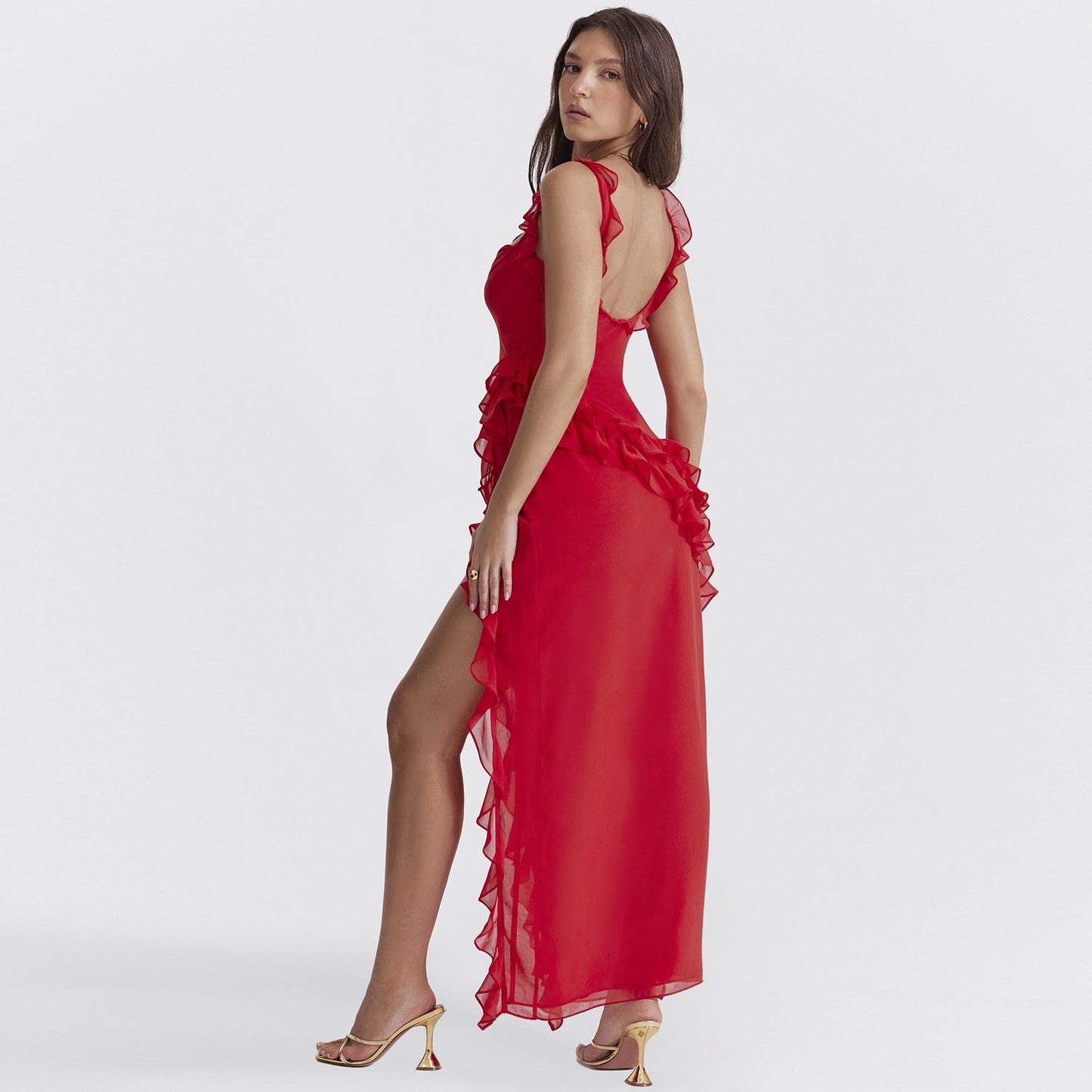 Ruffle Thigh High Split Spaghetti Strap Dress