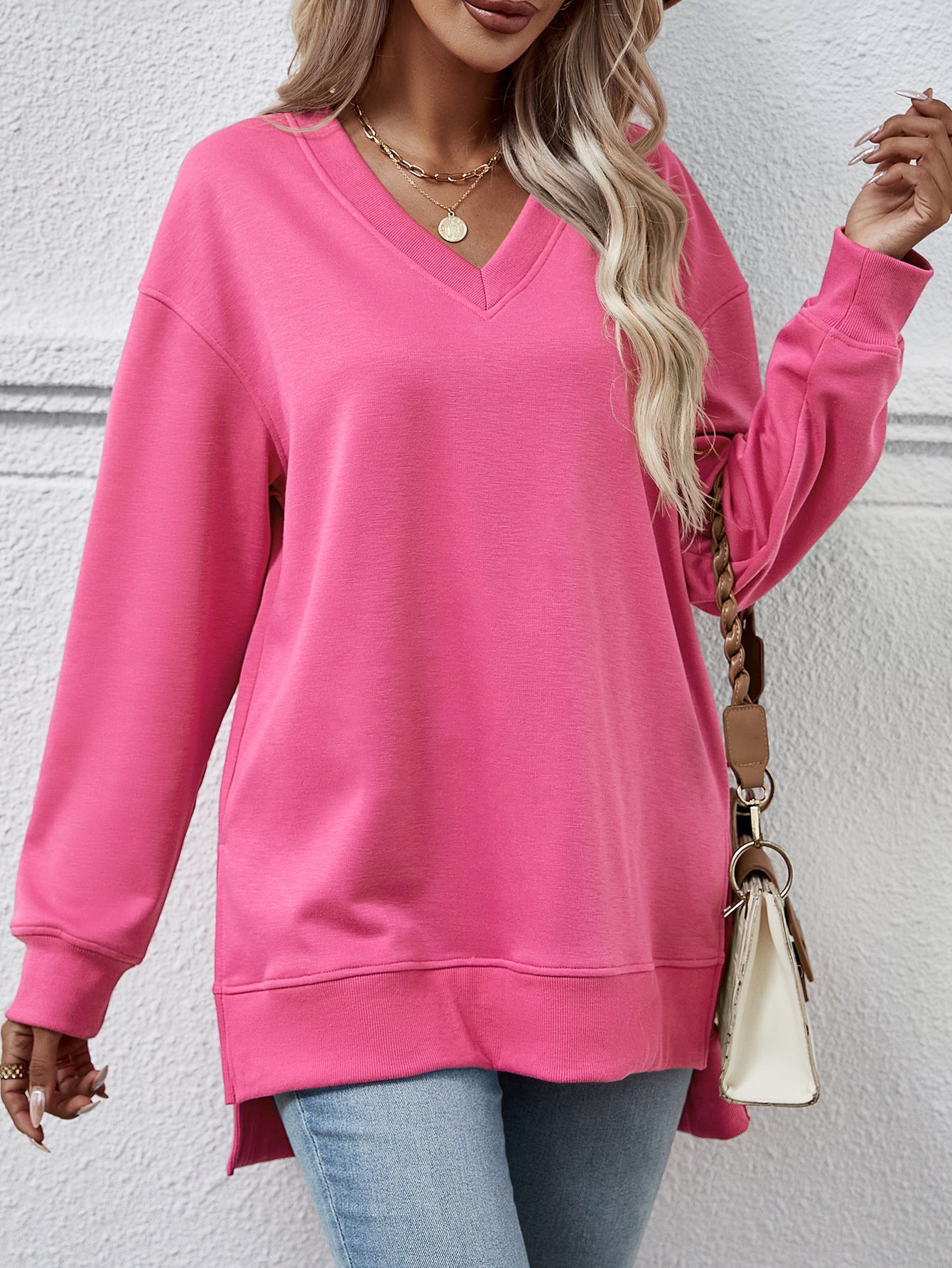 Causal Style V-neck Split Front Short Back Long Sweater