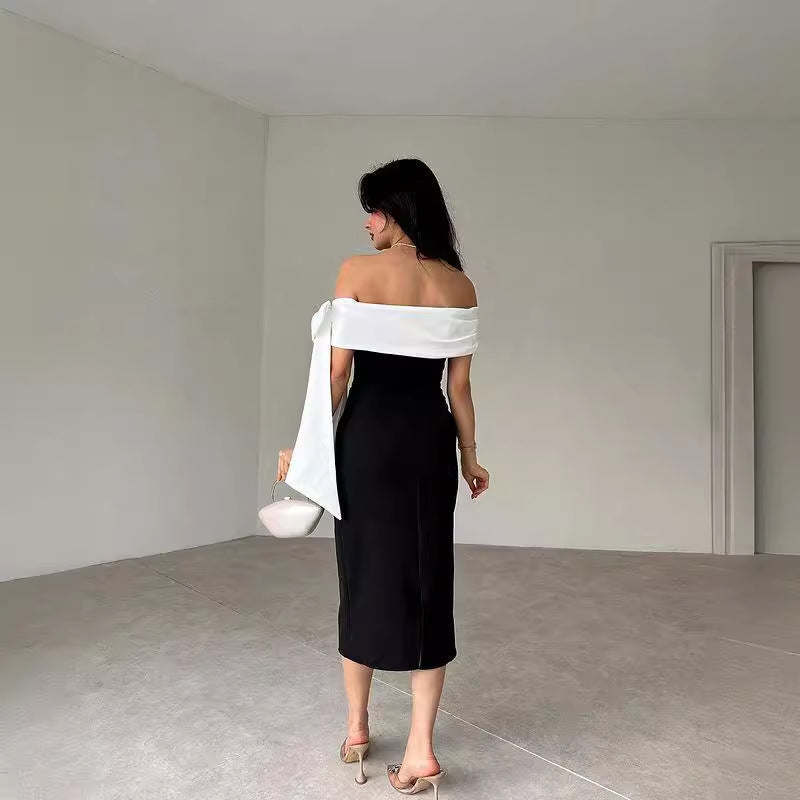 Elegant Cocktail Bow Off-Shoulder Black White  Dress
