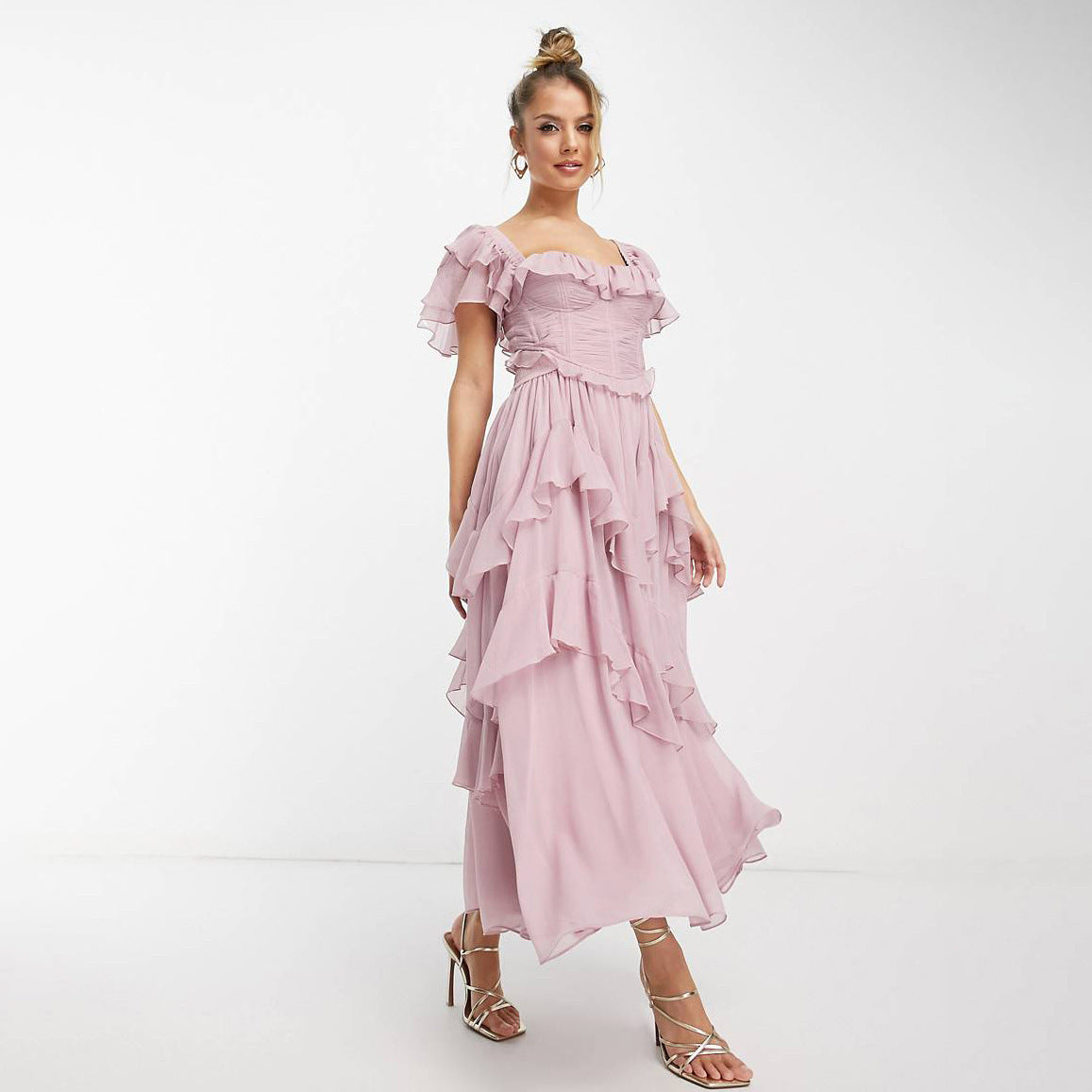 Gorgeous Pleated Ruffled Short-Sleeved  Maxi Dress with  Backless Square Neck
