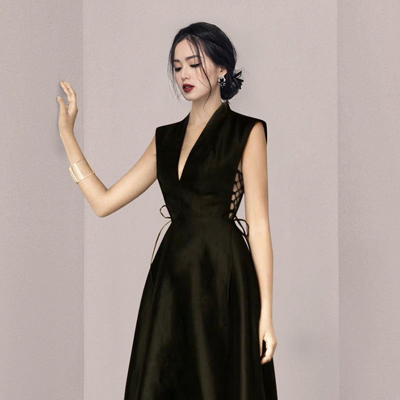 Nightfall Satin Silk V-Neck Cheongsam Dress
