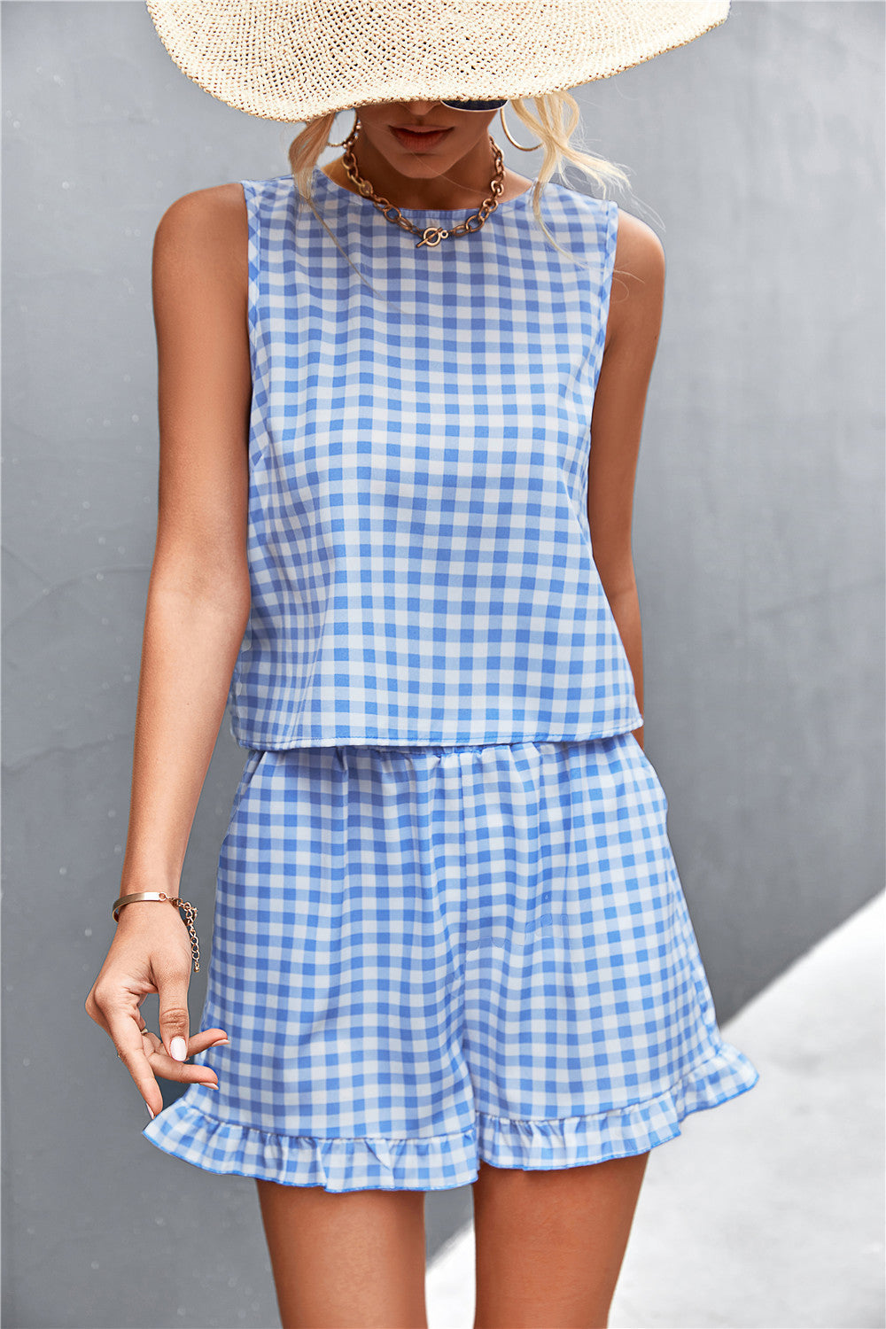 Ruffles Black White Plaid Casual Sleeveless Shorts Set