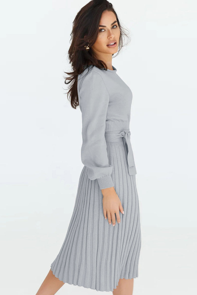 Round Neck Long Sleeve Pleated Midi Sweater Dress