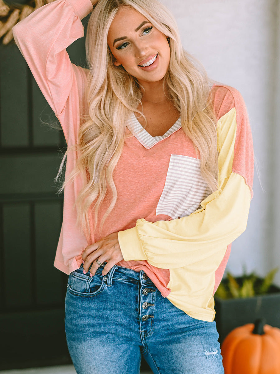 Rose Coral  Multicolor Stripes  V-neck Long Sleeve Top with Pocket