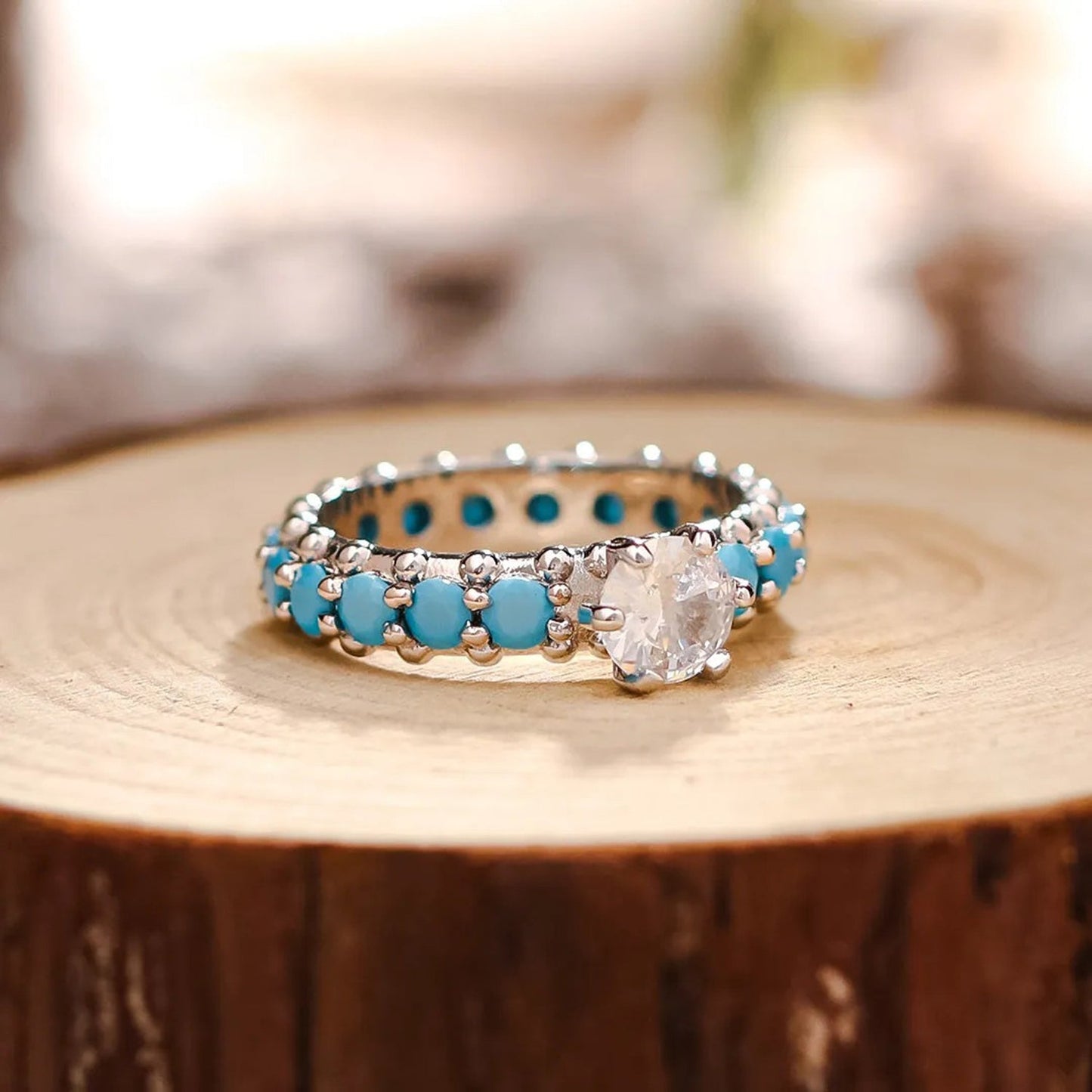 Inlaid Boho Chic Turquoise & CZ Sterling Silver Ring.