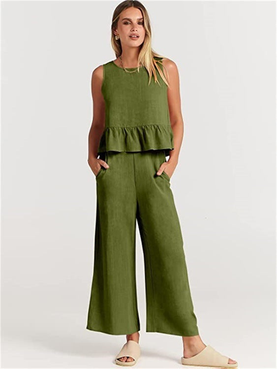 Summer Sleeveless Top Wide-leg Cropped Pants Two Piece Sets
