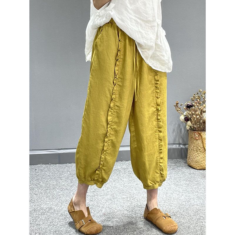 Washed Cotton And Linen Ear Tappered Harem Pants