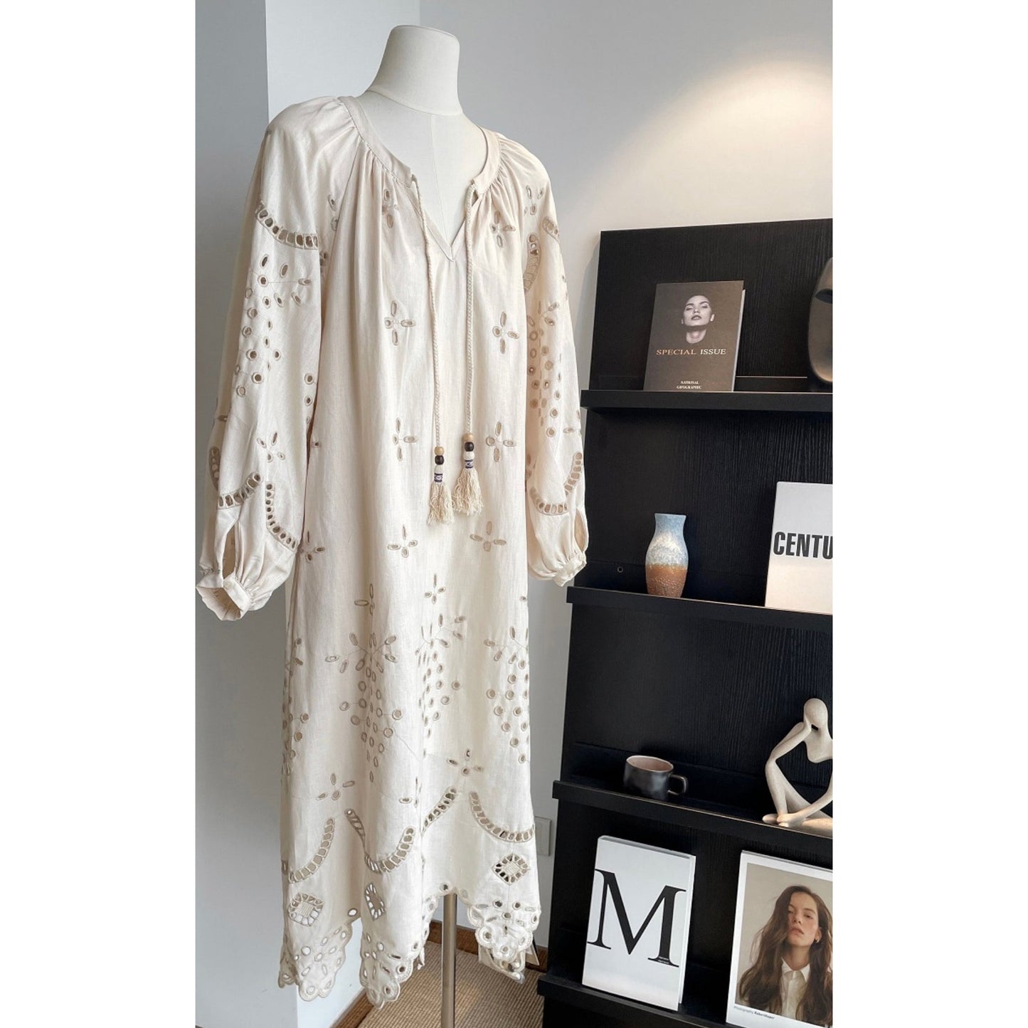 Linen Breeze Embroidered V-neck Maxi Dress