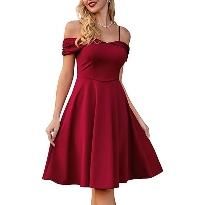 Retro Spaghetti Straps Off-shoulder Waist Dress