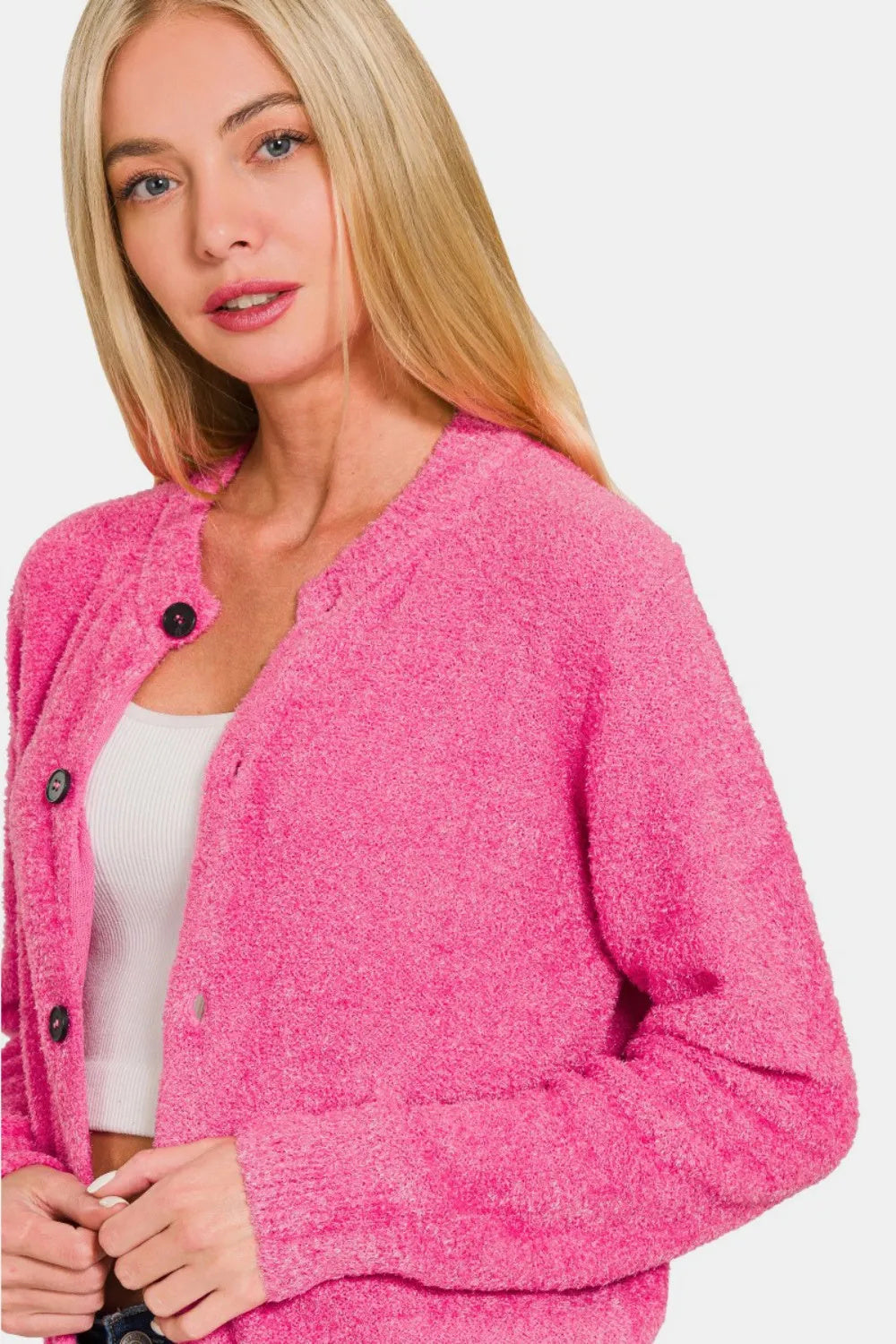 Fuchsia  Button Down Long Sleeve Sweater Cardigan