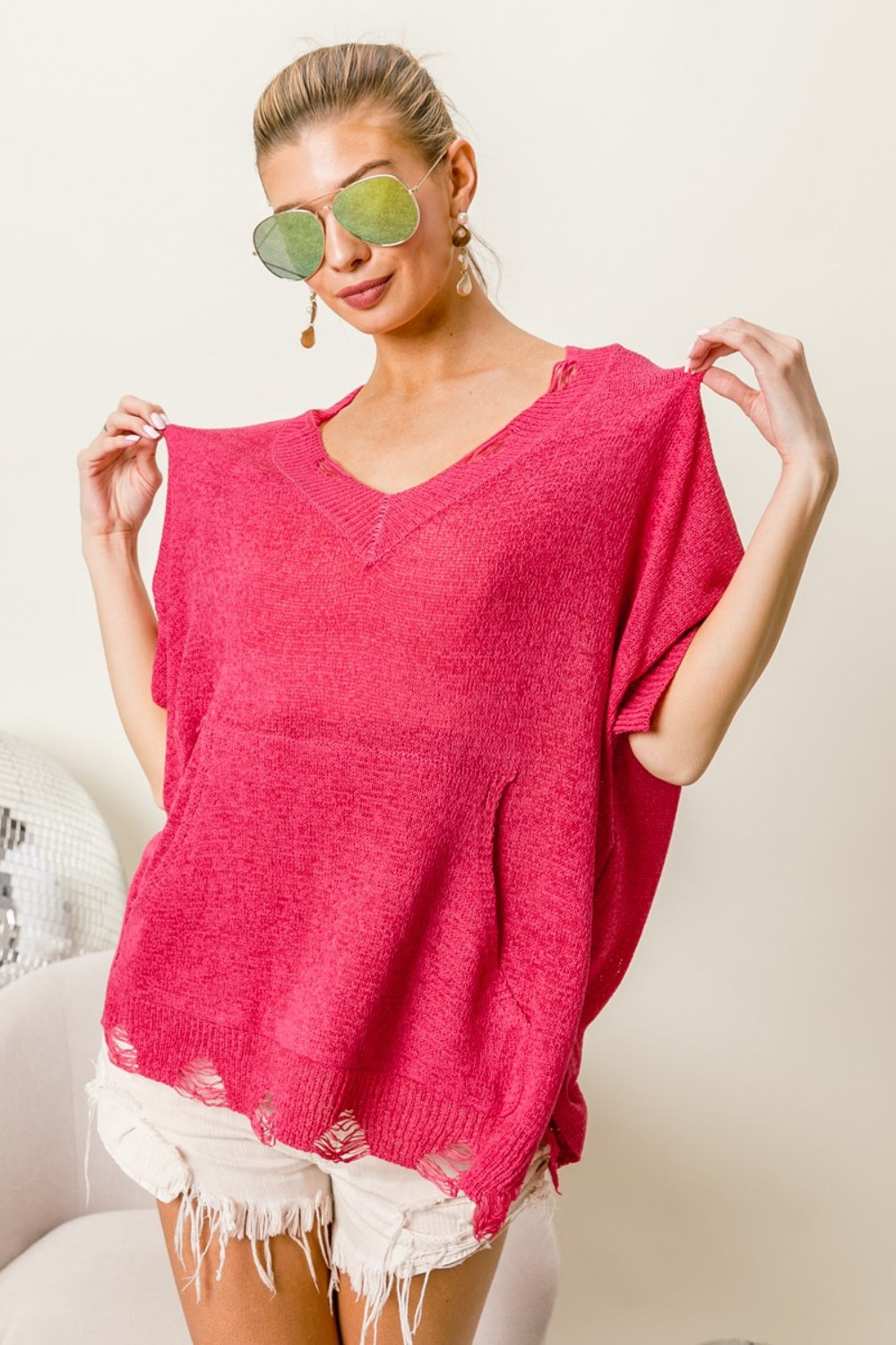 Fuchsia V-Neck Slit Sweater w/ Distressed Hem