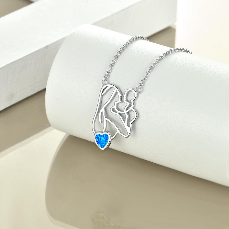Hugging Mother/Child Unbreakable Bond Blue Opal Heart 925 Silver Necklace - Perfect Mother Gifts!