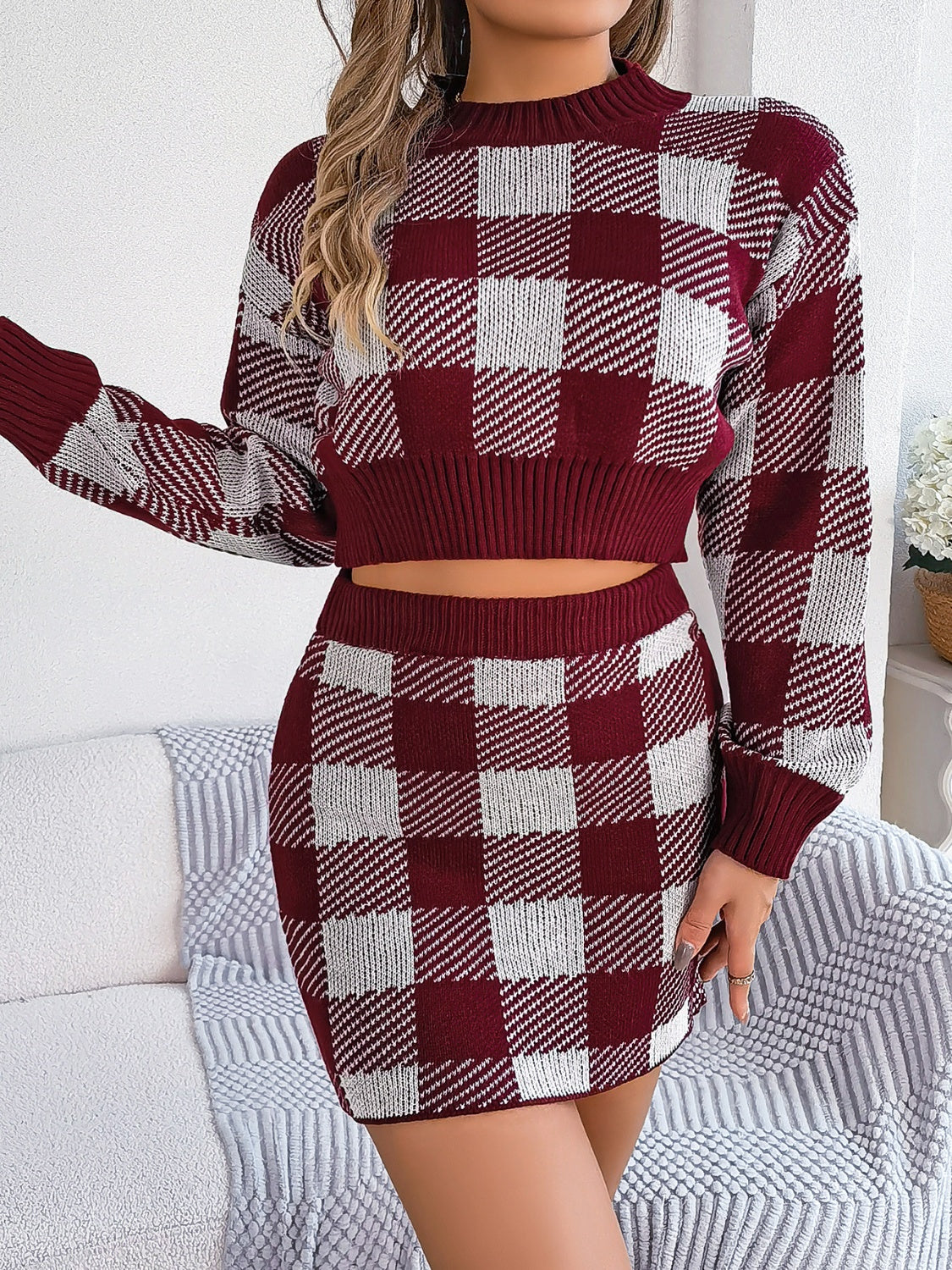 Trendy Tartan Plaid Round Neck Top & Skirt Sweater Set
