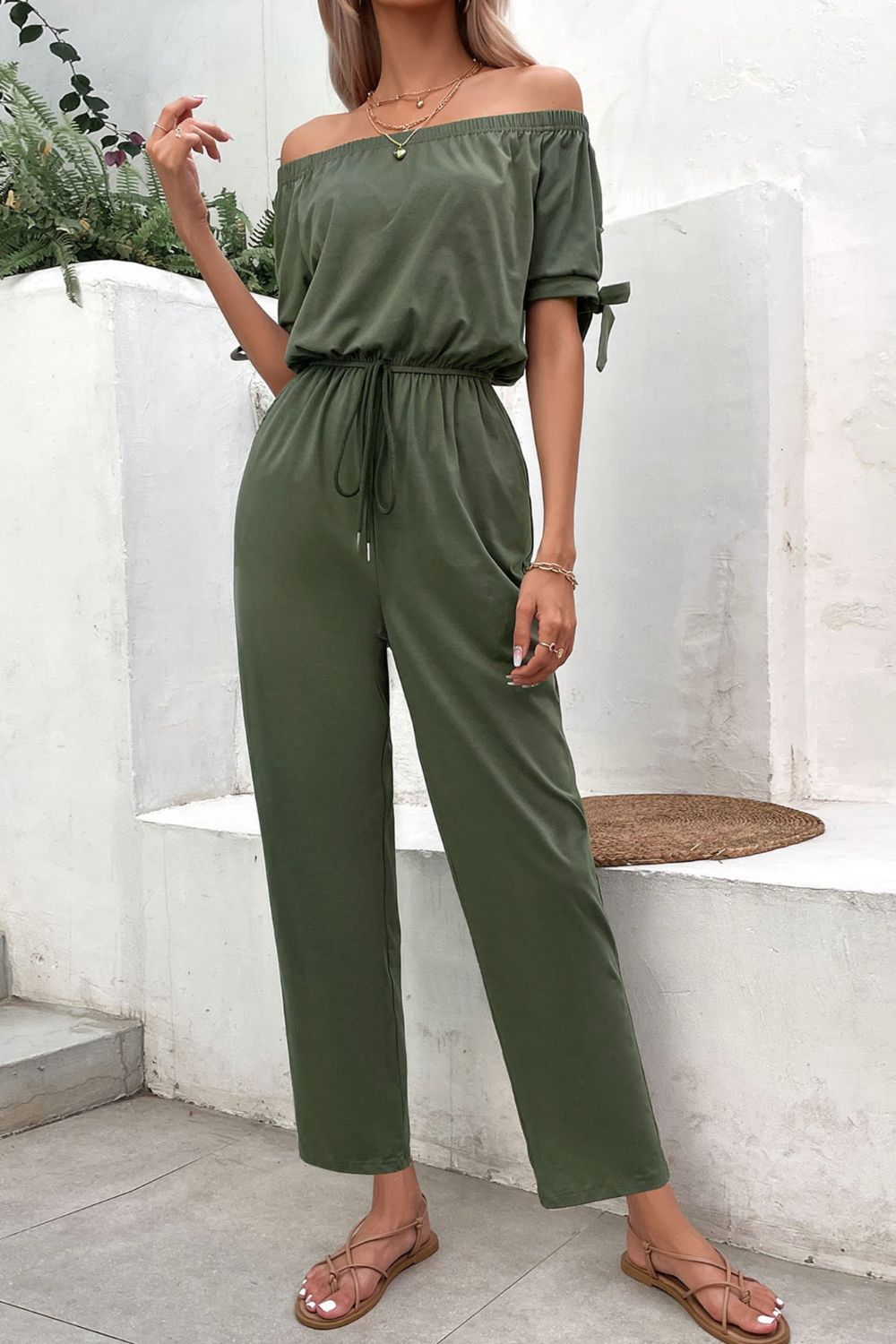 Urban  Fashion Off-Shoulder Tie Cuff Jumpsuit with Pockets