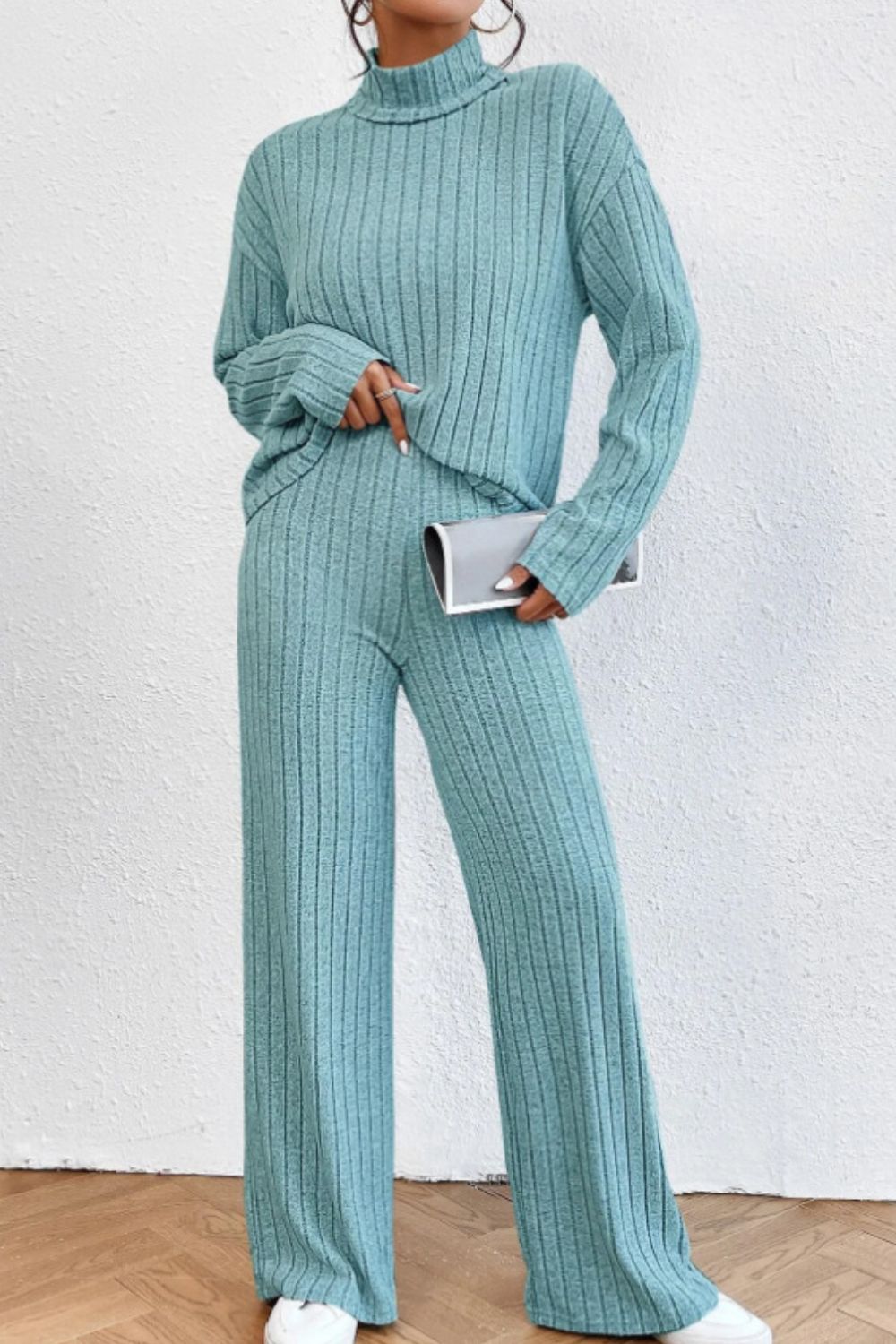 Modern 2-Piece Mock Neck Dropped Shoulder Top and Pants Set