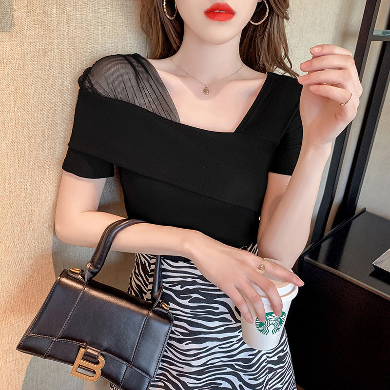 Summer Slim Diagonal Collar Top with Short Sleeve