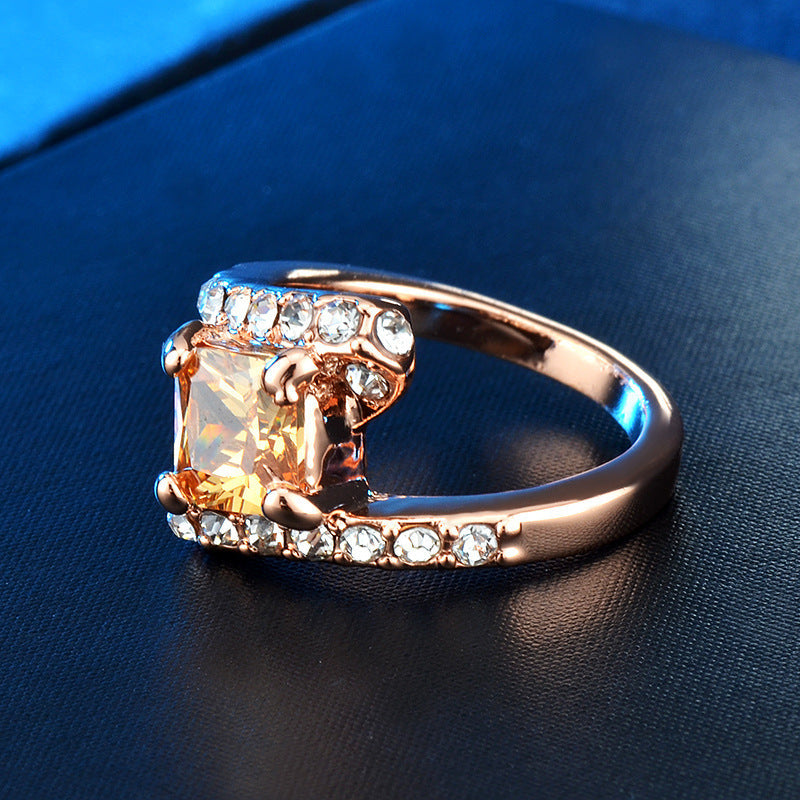 Rose Gold Plated Amber Square Cut Crystal Ring.