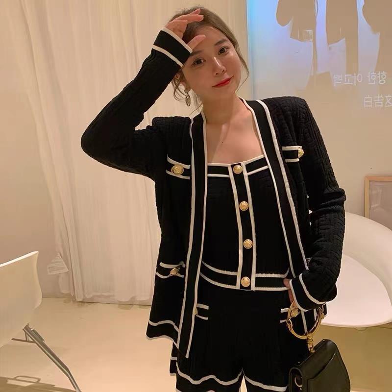 Korean Style Top Pants Cardigan Knitted Three-piece Set