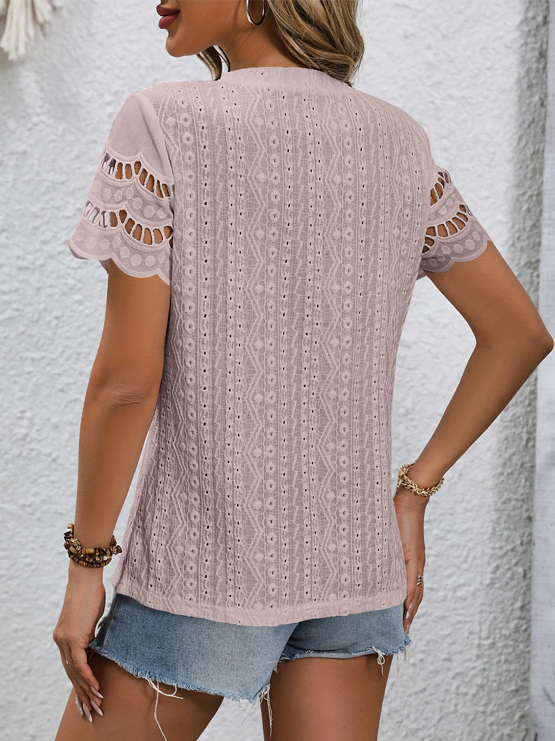 Eyelet Embriodery Round Neck Short Sleeve Top