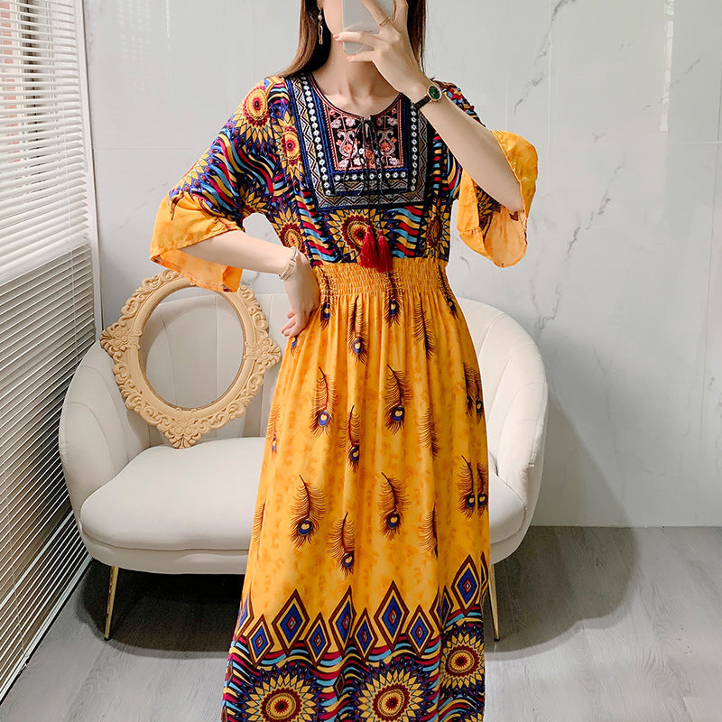 Artsy Crew Neck Ruffle Half Sleeve Silky Dress