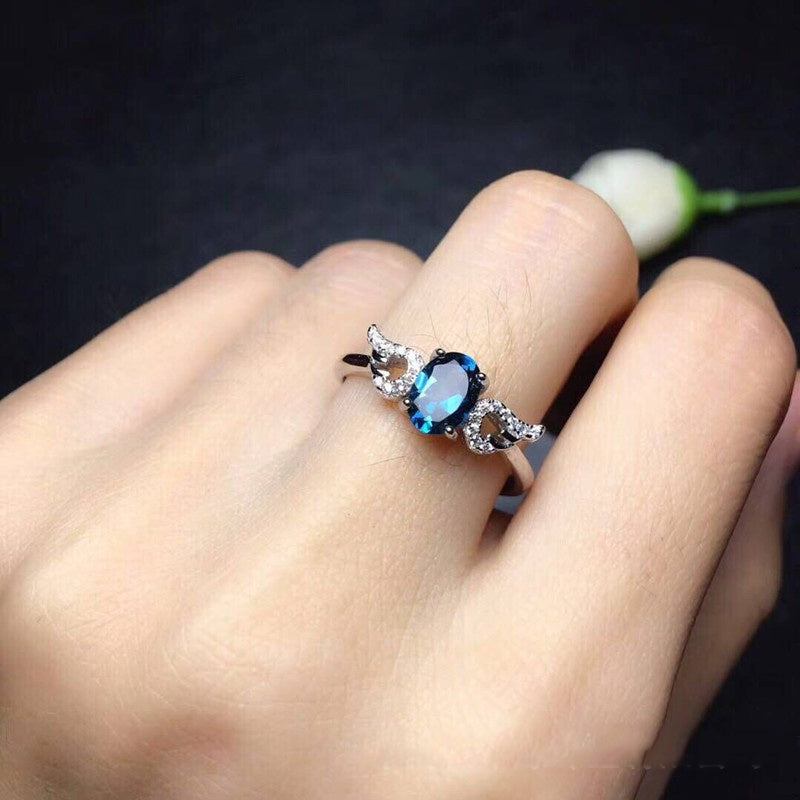 Deep Blue Oval Cut Topaz 925 Sterling Silver Ring.