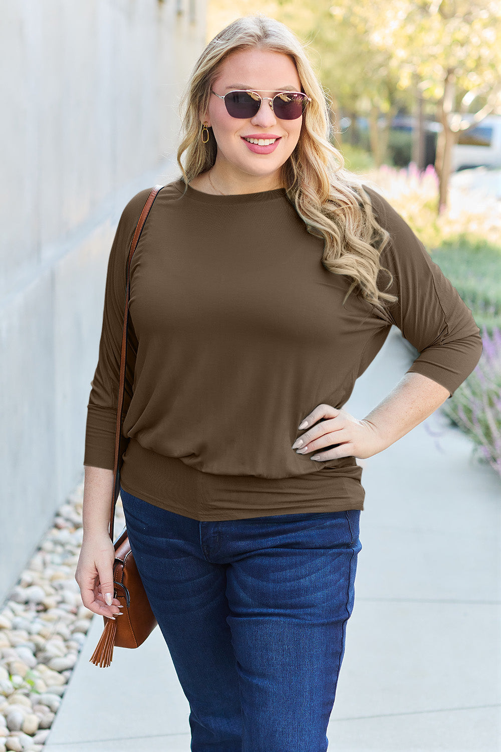 NuMi Basic Bae Full Size Round Neck Blouse & Batwing Sleeve
