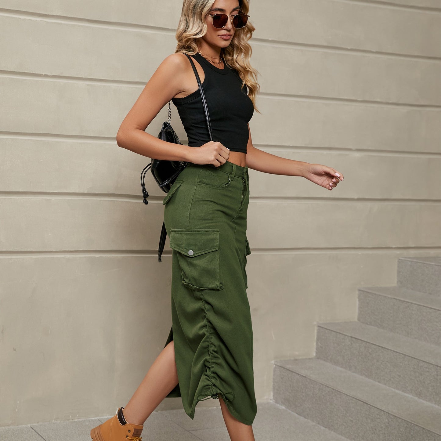 City Scene Drawstring Ruched Denim Midi Skirt