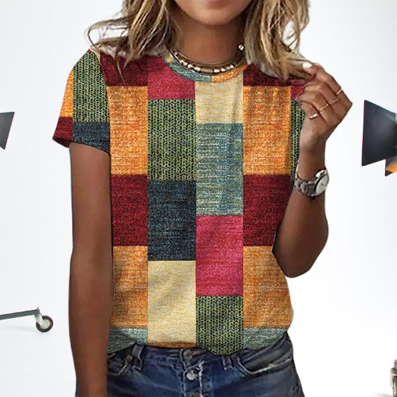 Checkered Short Sleeve Round Neck Top with Contrast Color