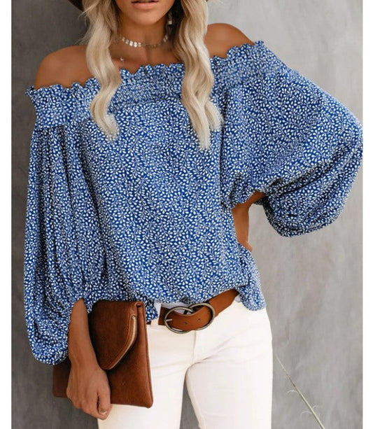 Floral Print  Off-The-Shoulder Blouse  Lantern Sleeve