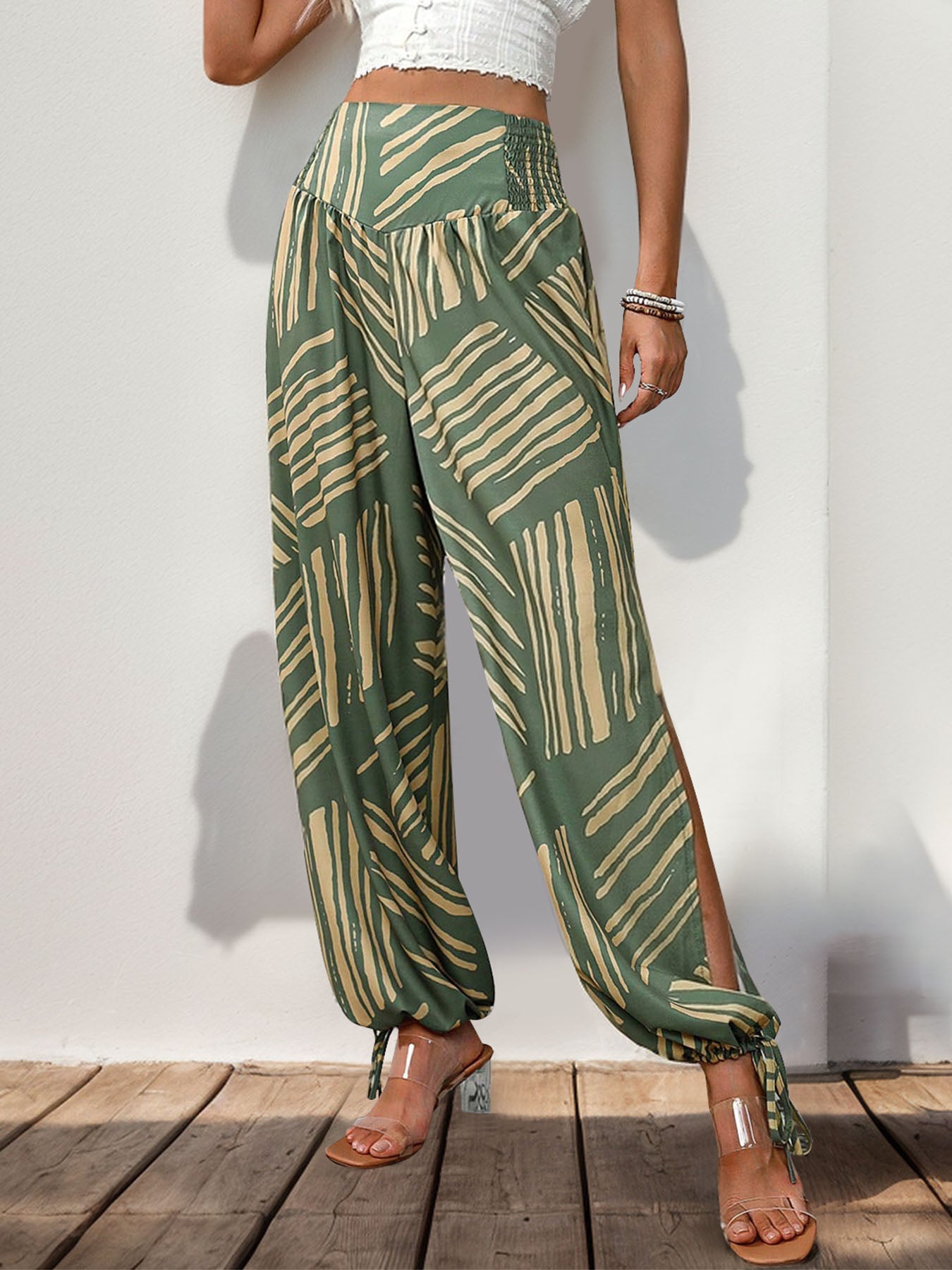 Moss Tied Smocked Slit Printed High Waist Pants
