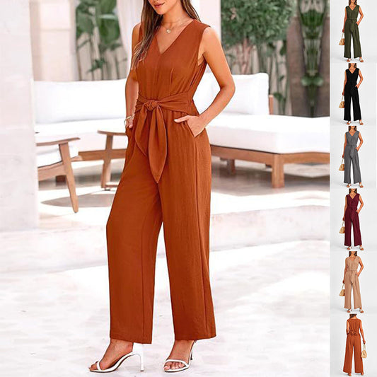 Summer Women V-neck Long Wide-Leg  Jumpsuit w/ Pockets