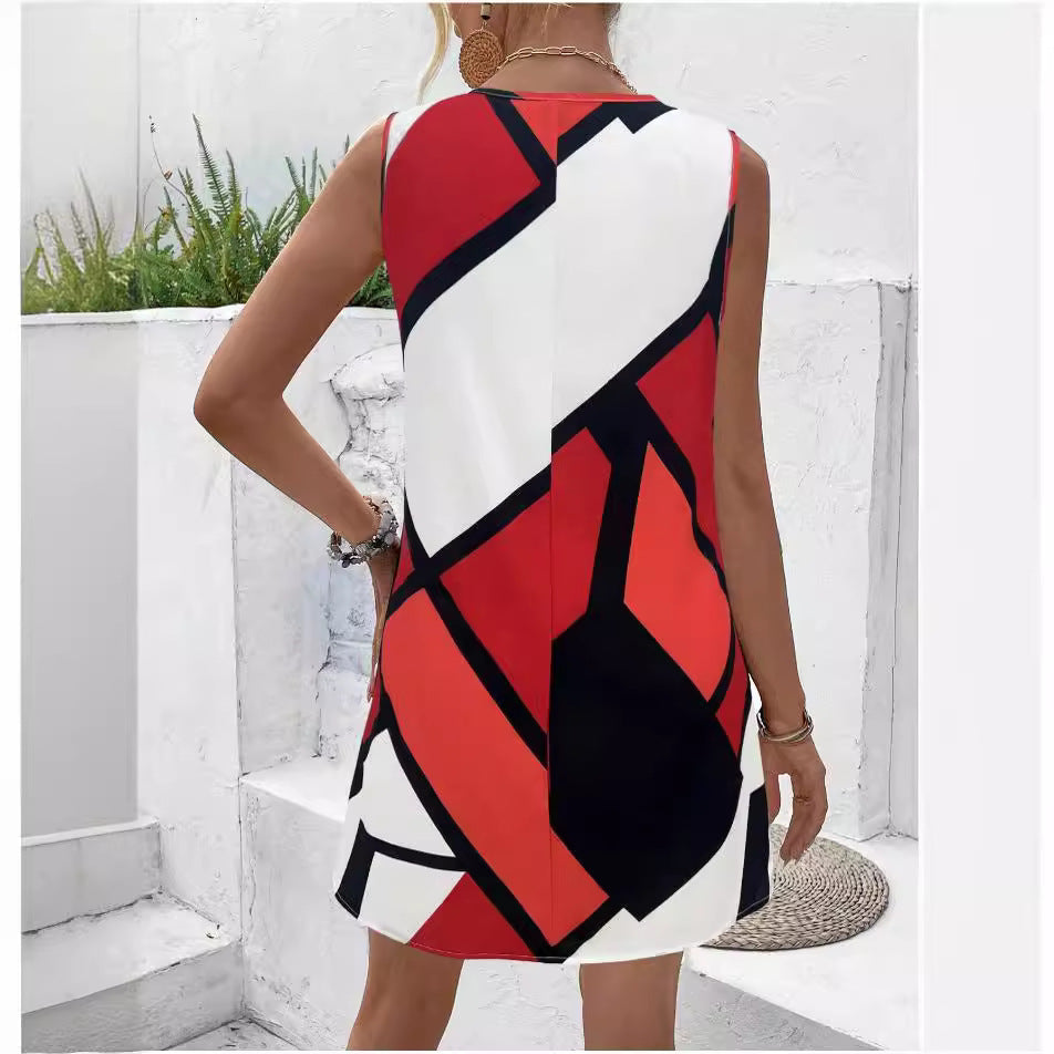 Modern 3D Print Mil Silk Dress Sleeveless with V-neck & Loose Waist