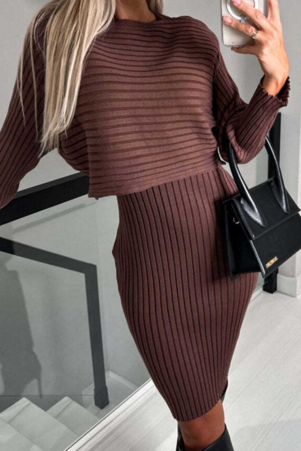 Ribbed Round Neck Top & Cami Sweater Dress Set