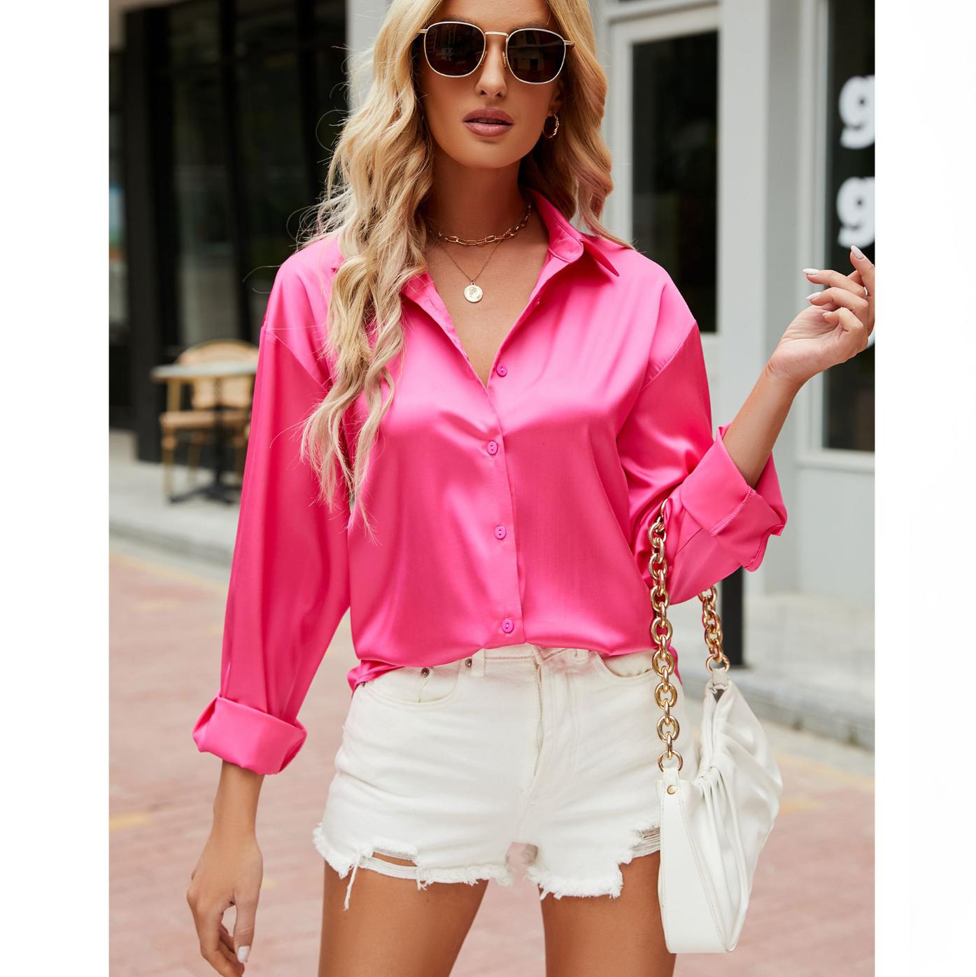 Sleek Satin V-neck Long Sleeve Shirt