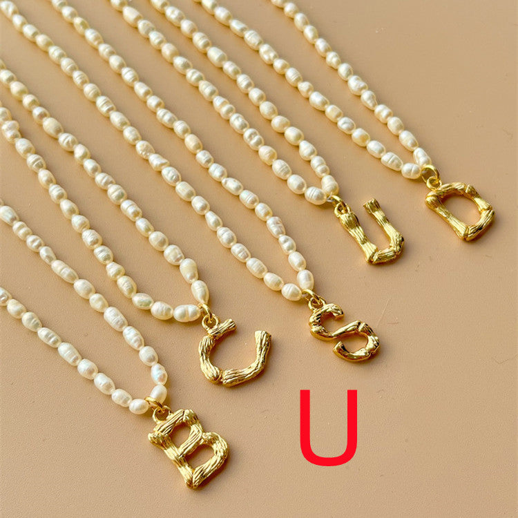 Custom Personalized Natural Freshwater Grain Pearl Letter Necklace Vintage Classic.
