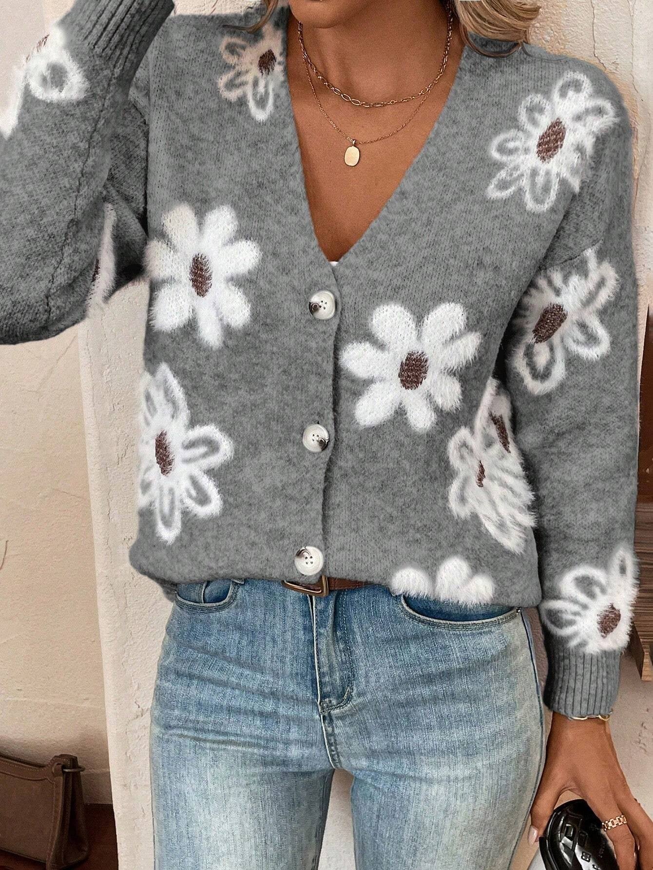Floral Knit V neck Cardigan with Long Sleeve