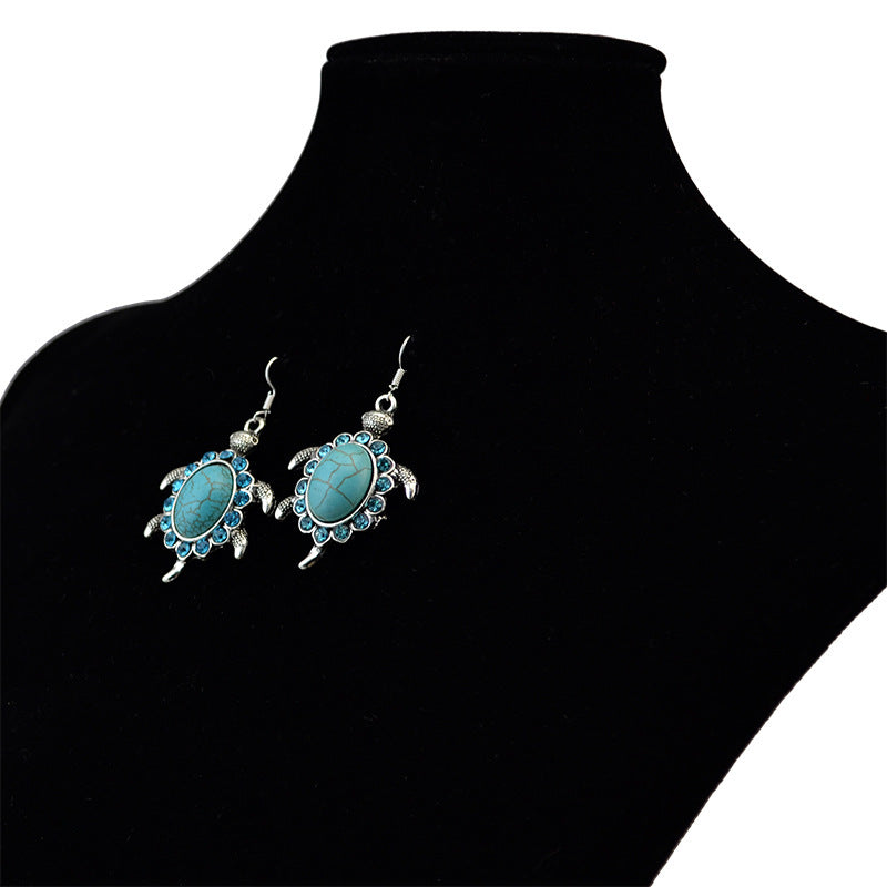 Cute Boho Turquoise Stone Turtles Drop Hook Earrings.