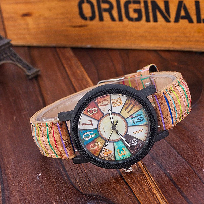 Colorful Vintage Quartz Wrist Watch with Leather Band