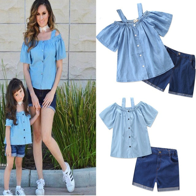 Matching Mother-Daughter Denim Outfit Top & Shorts