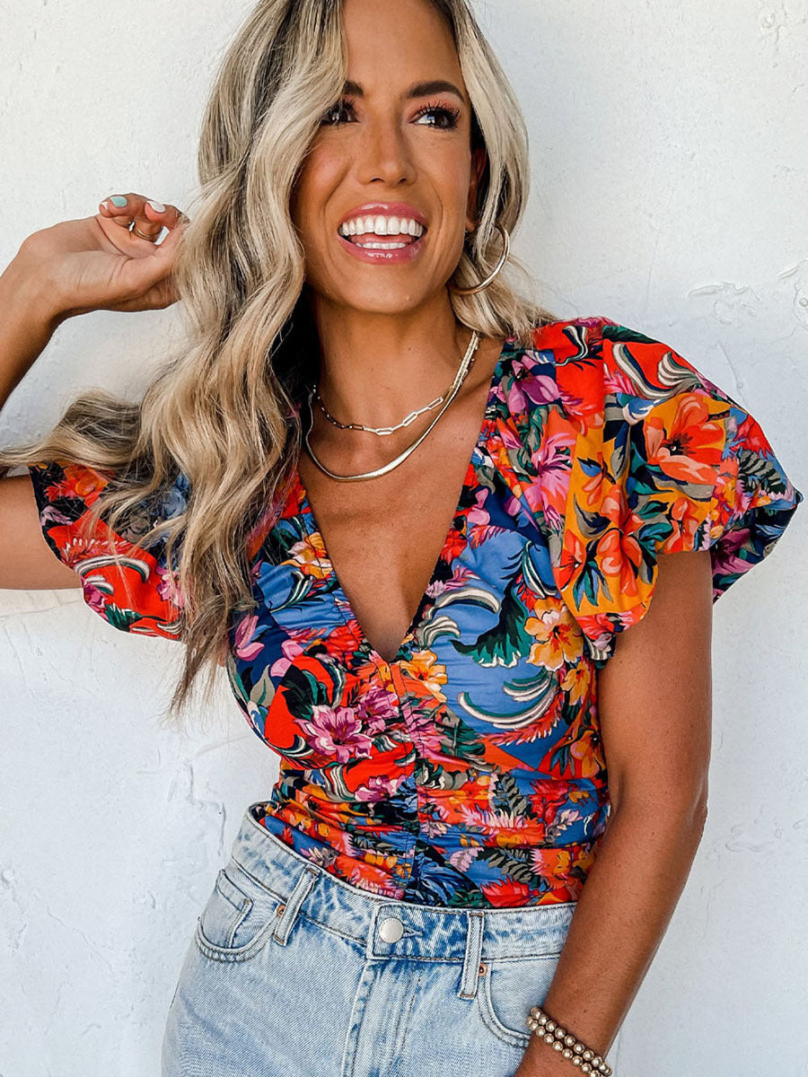 Flower Multicolor Deep V Neck Printed Chiffon Shirt