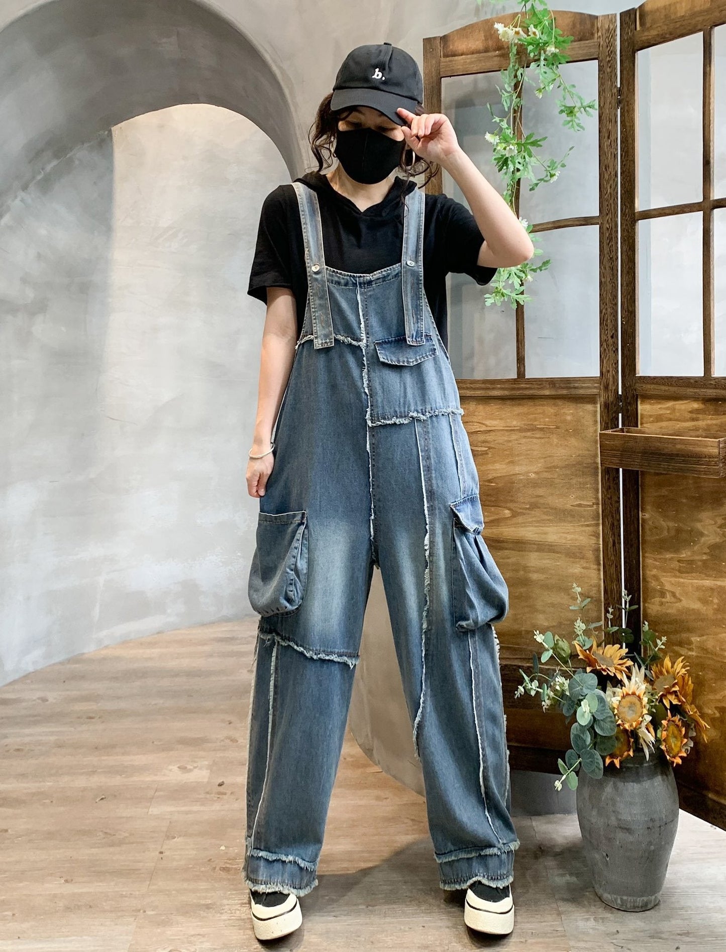Retro Pocket Raw Edge Denim Suspender Pants